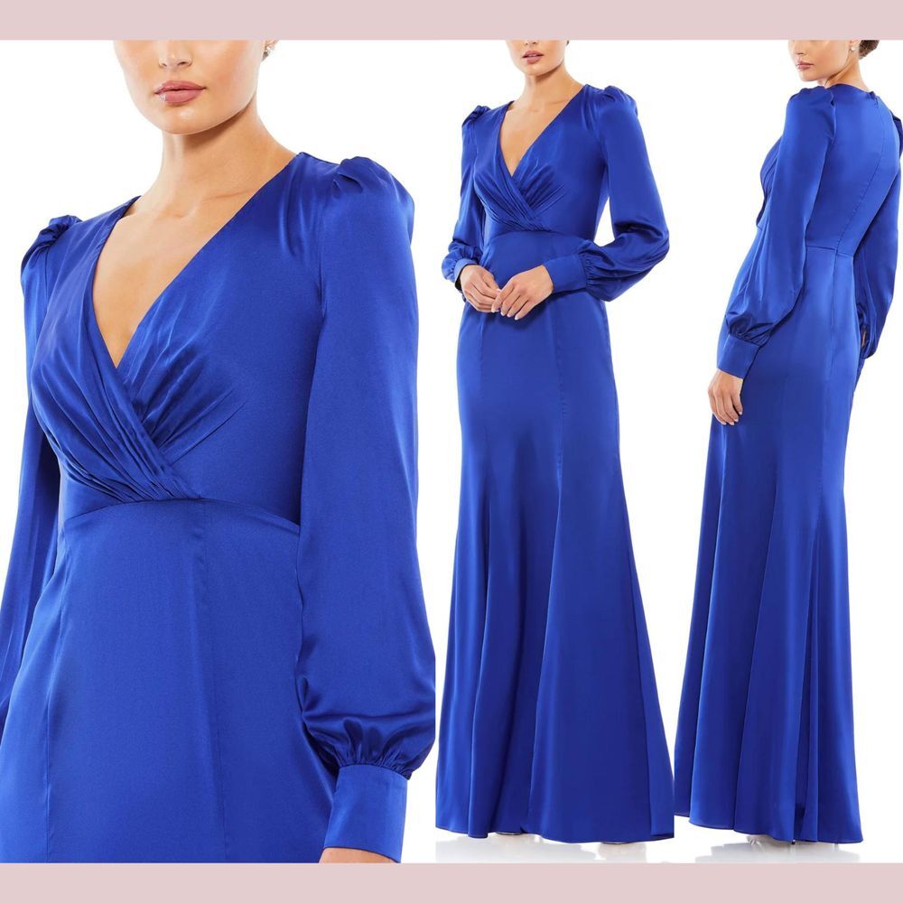 NWT IEENA Mac Duggal [ 6 ] 55635 Satin Ruched Bishop Sleeve Gown Royal Blue Q906